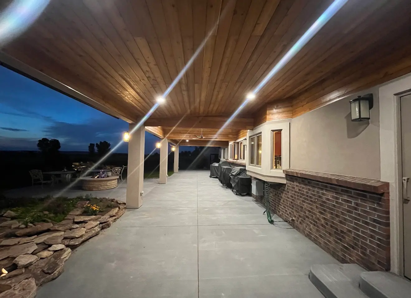 Long night view underneath the cascade roof cover in Boulder Colorado
