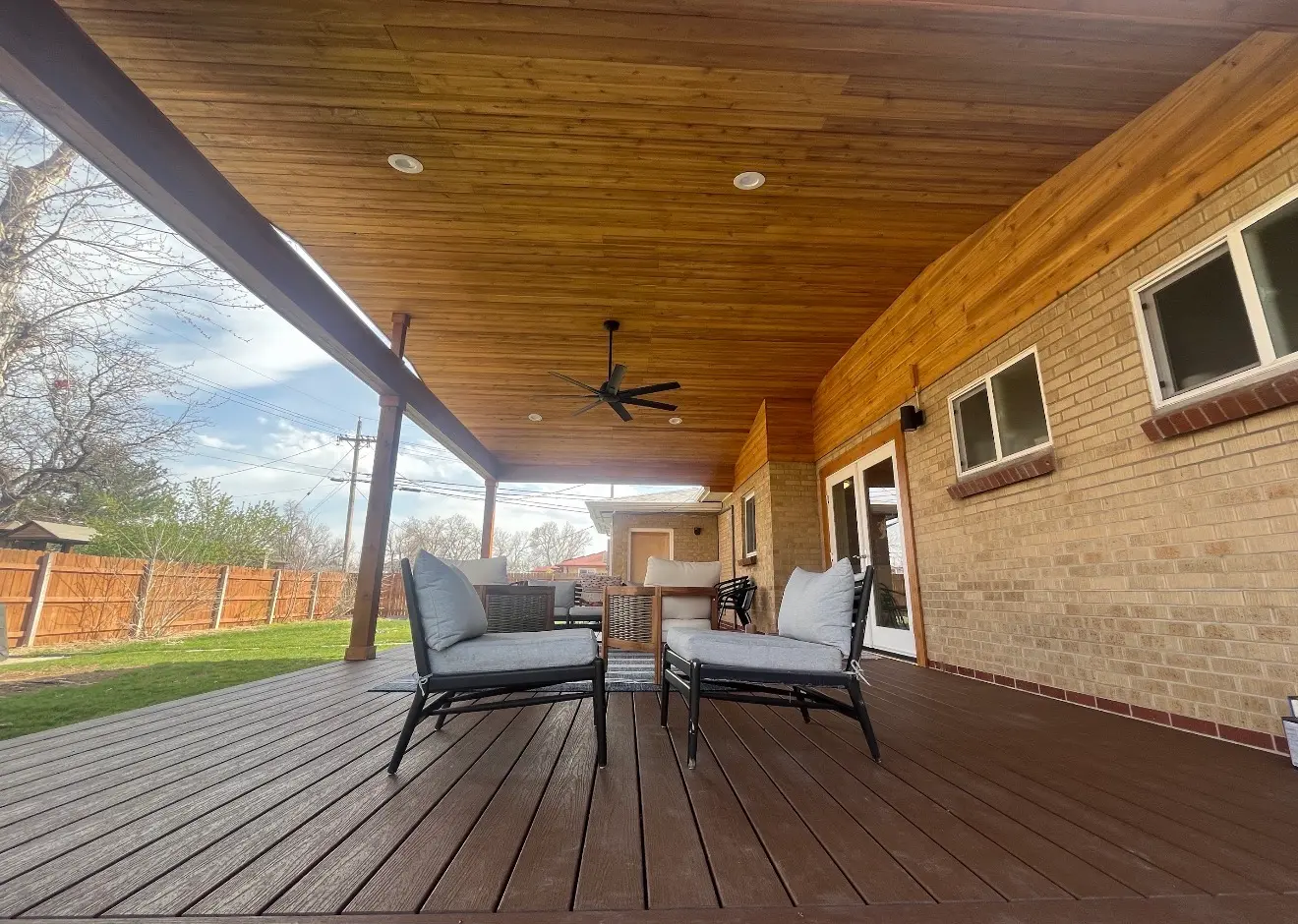 Covered seating area under cedar roof cover in Wheat Ridge Colorado
